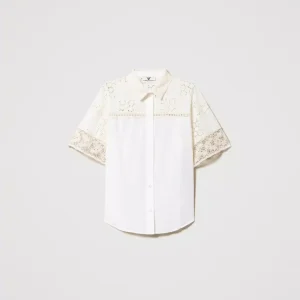 Camicia in popeline con ricami sangallo e pizzo