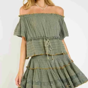 Top in Viscosa Naturale Verde Militare e profili oro Banana Moon