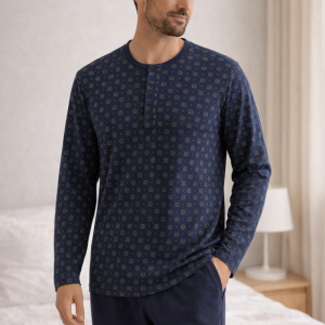 Pigiama lungo uomo Julipet serafino in cotone – Blu fantasia
